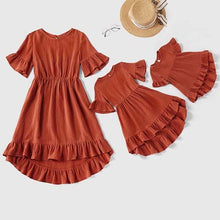 Load image into Gallery viewer, Family Matching Outfits Mother Daughter Dress Solid Ruffled Irregular Length Dress Mom Baby Daughter Dress Mommy And Me Clothes
